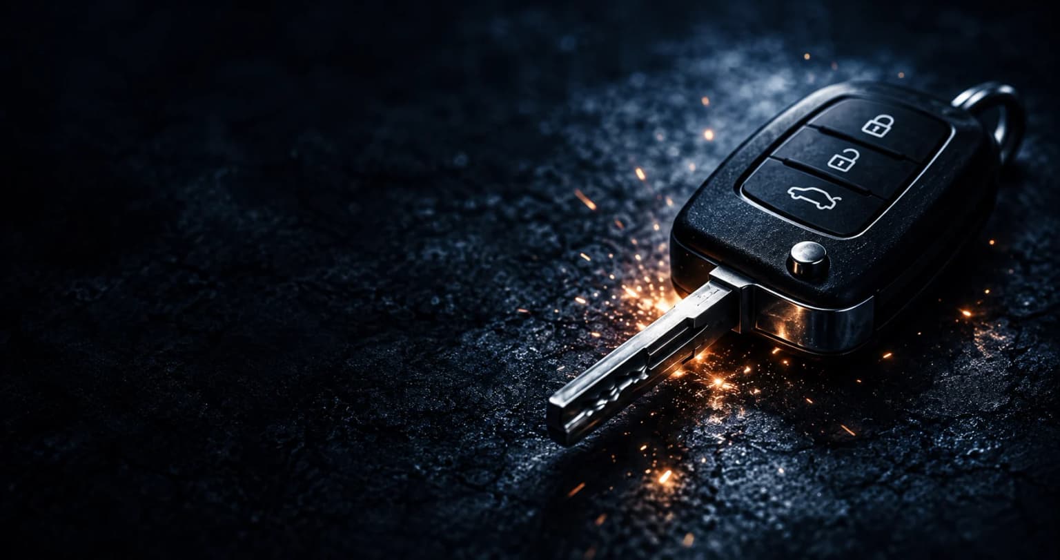 Télécommande et clé de voiture sur fond sombre